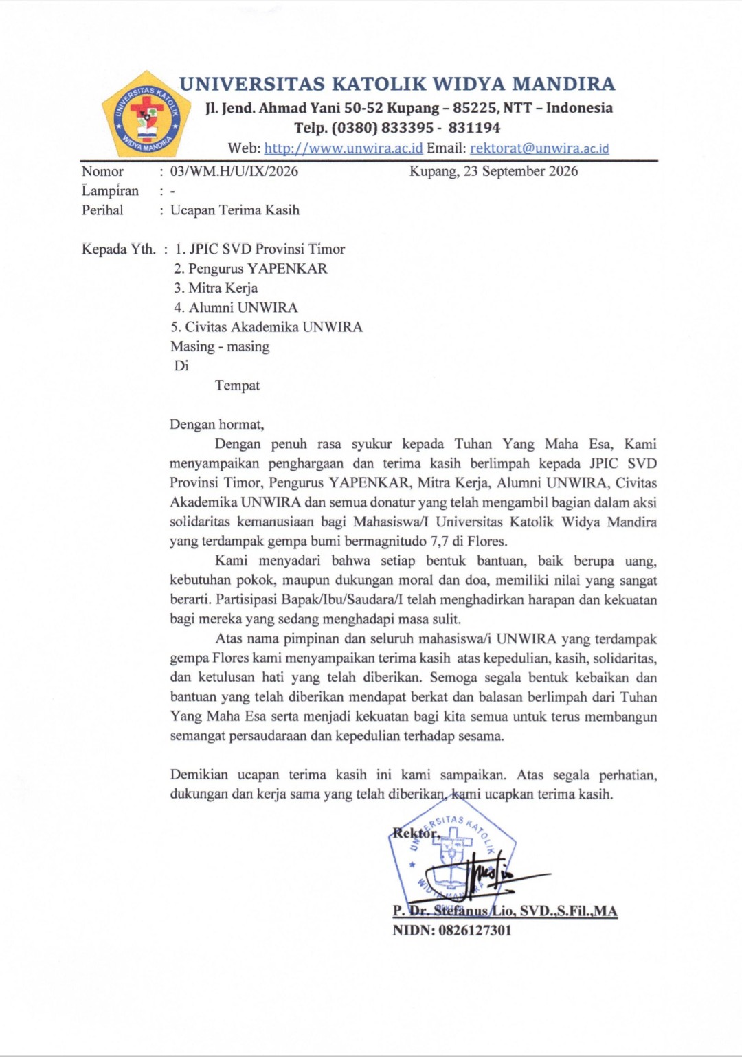 Surat Terimah Kasih Rektor UNWIRA Jadi Cambukan JPIC SVD Timor  Donasi Gempa Flores Tetap Dibuka 